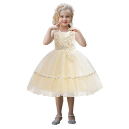 Girls Self Design Champagne Balloon Dress