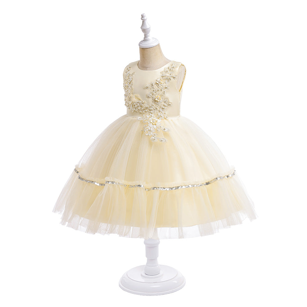 Girls Self Design Champagne Balloon Dress