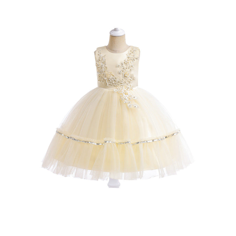 Girls Self Design Champagne Balloon Dress