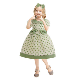 Girls Green Polka Dot Print Puff Sleeve A-Line Dress
