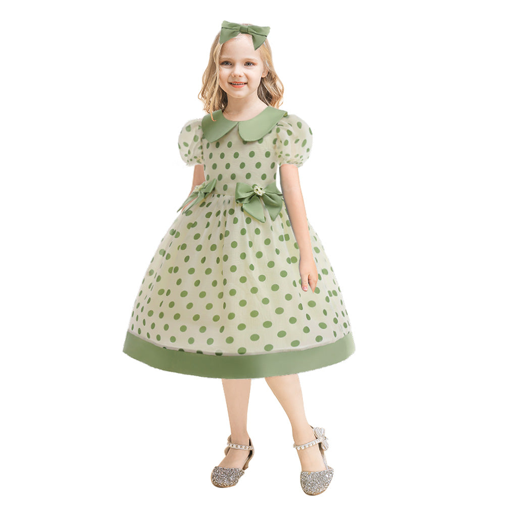Girls Green Polka Dot Print Puff Sleeve A-Line Dress