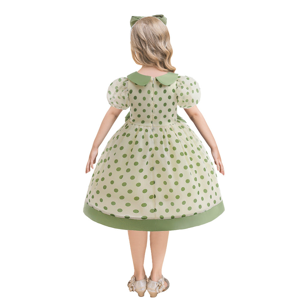 Girls Green Polka Dot Print Puff Sleeve A-Line Dress