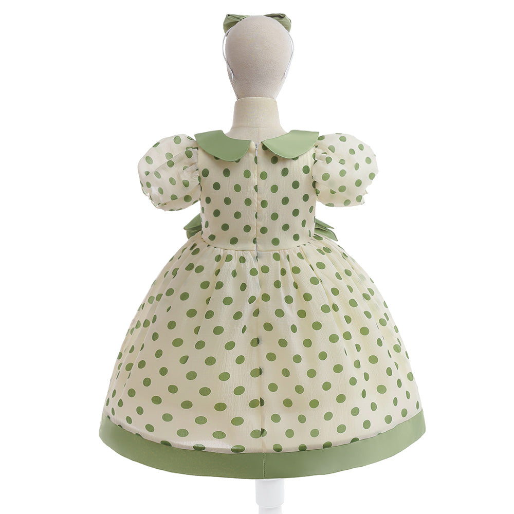 Girls Green Polka Dot Print Puff Sleeve A-Line Dress