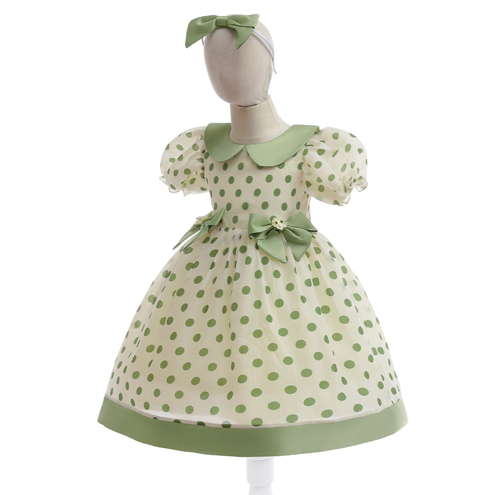 Girls Green Polka Dot Print Puff Sleeve A-Line Dress
