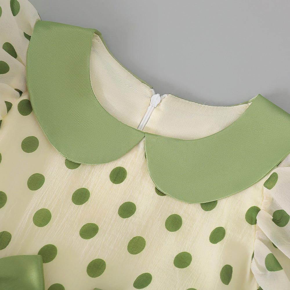 Girls Green Polka Dot Print Puff Sleeve A-Line Dress