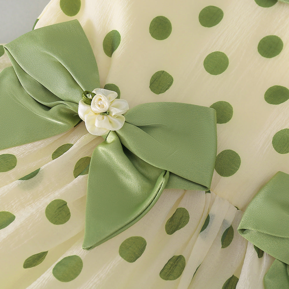 Girls Green Polka Dot Print Puff Sleeve A-Line Dress
