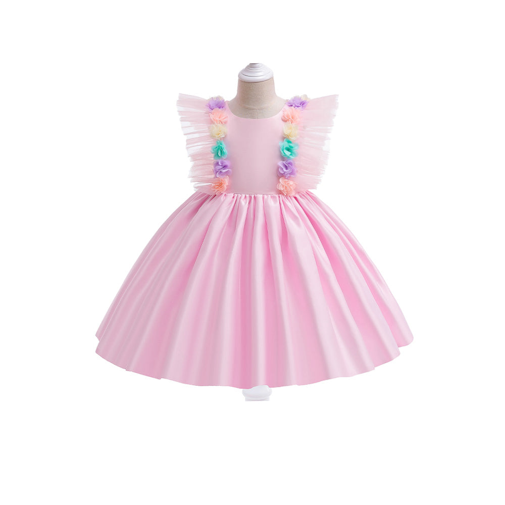 Girls Pink Applique Ruffles Gathered Gown Dress