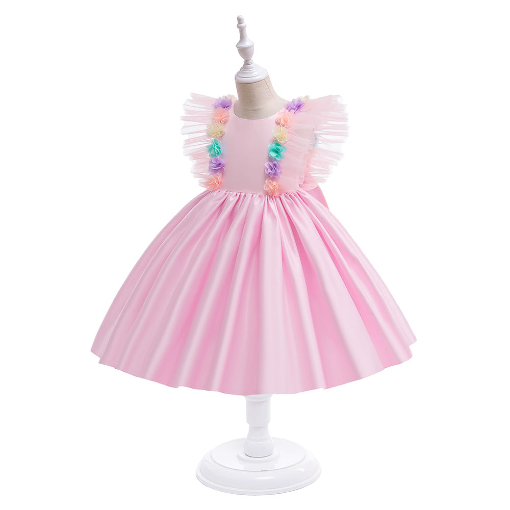 Girls Pink Applique Ruffles Gathered Gown Dress