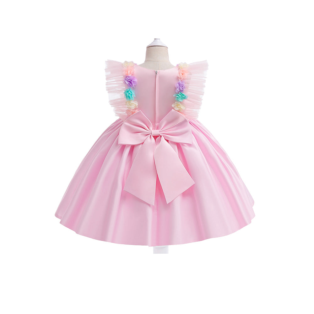 Girls Pink Applique Ruffles Gathered Gown Dress