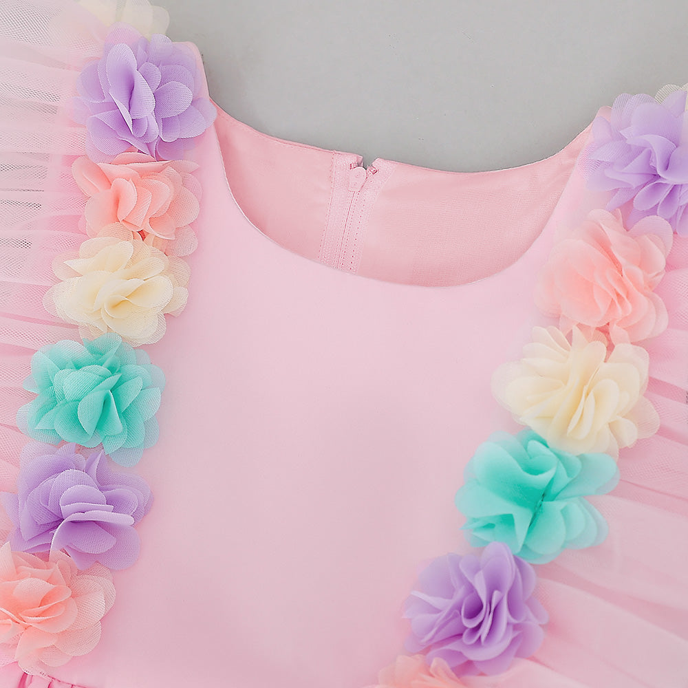 Girls Pink Applique Ruffles Gathered Gown Dress