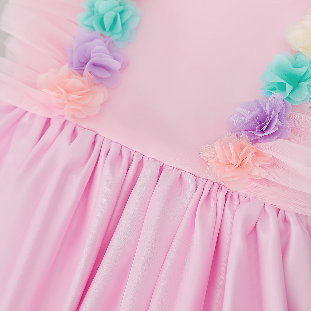 Girls Pink Applique Ruffles Gathered Gown Dress