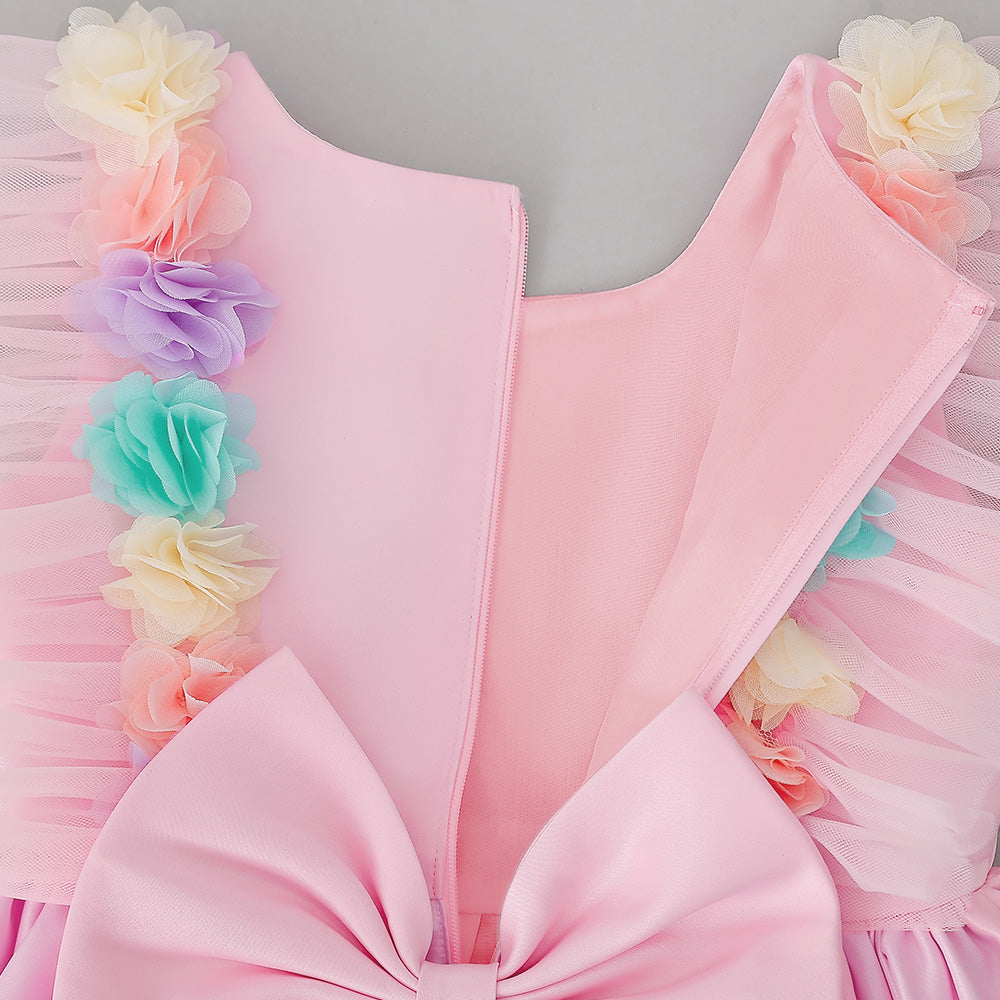 Girls Pink Applique Ruffles Gathered Gown Dress