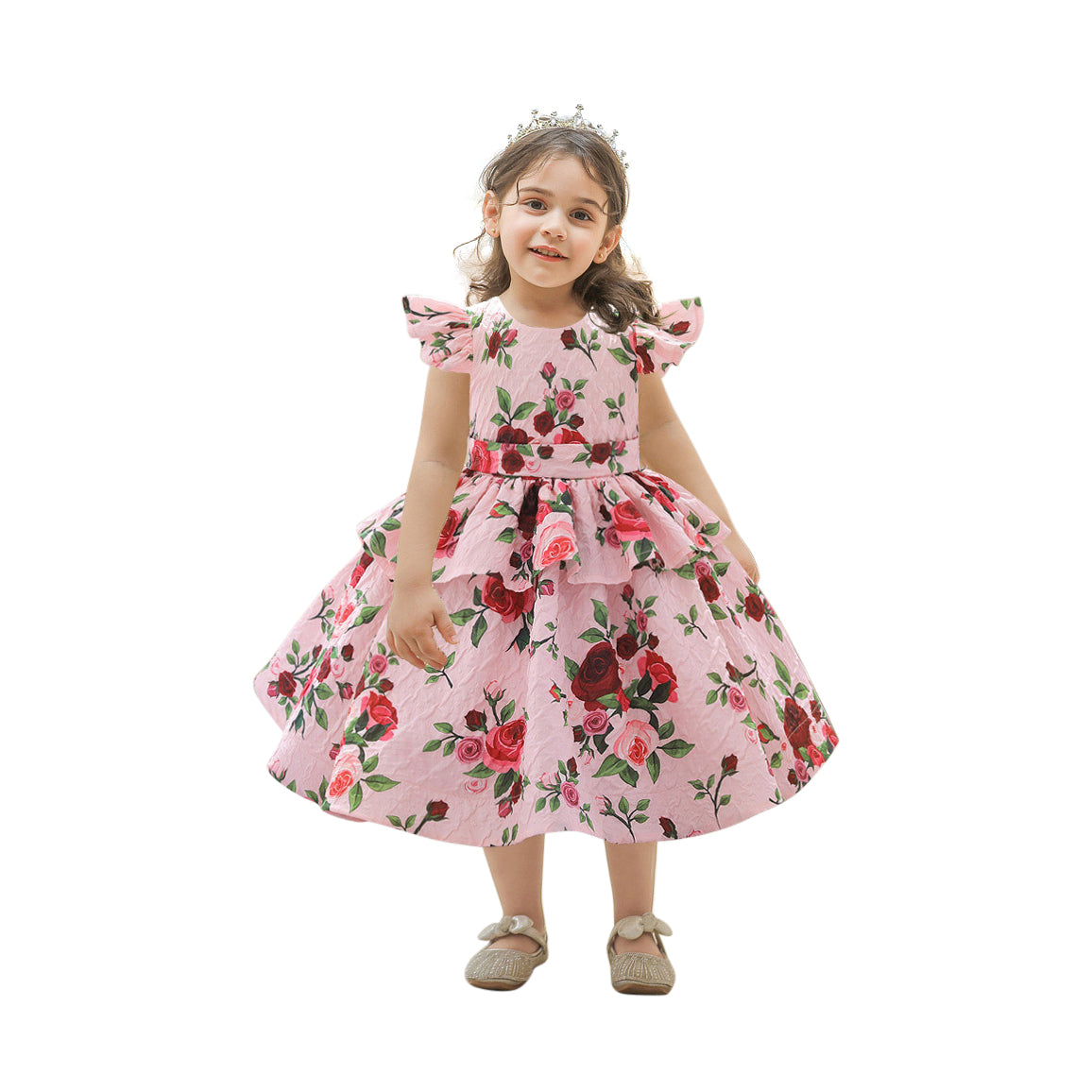 Girls Pink Floral Printed Layered Fit & Flare Midi Dress