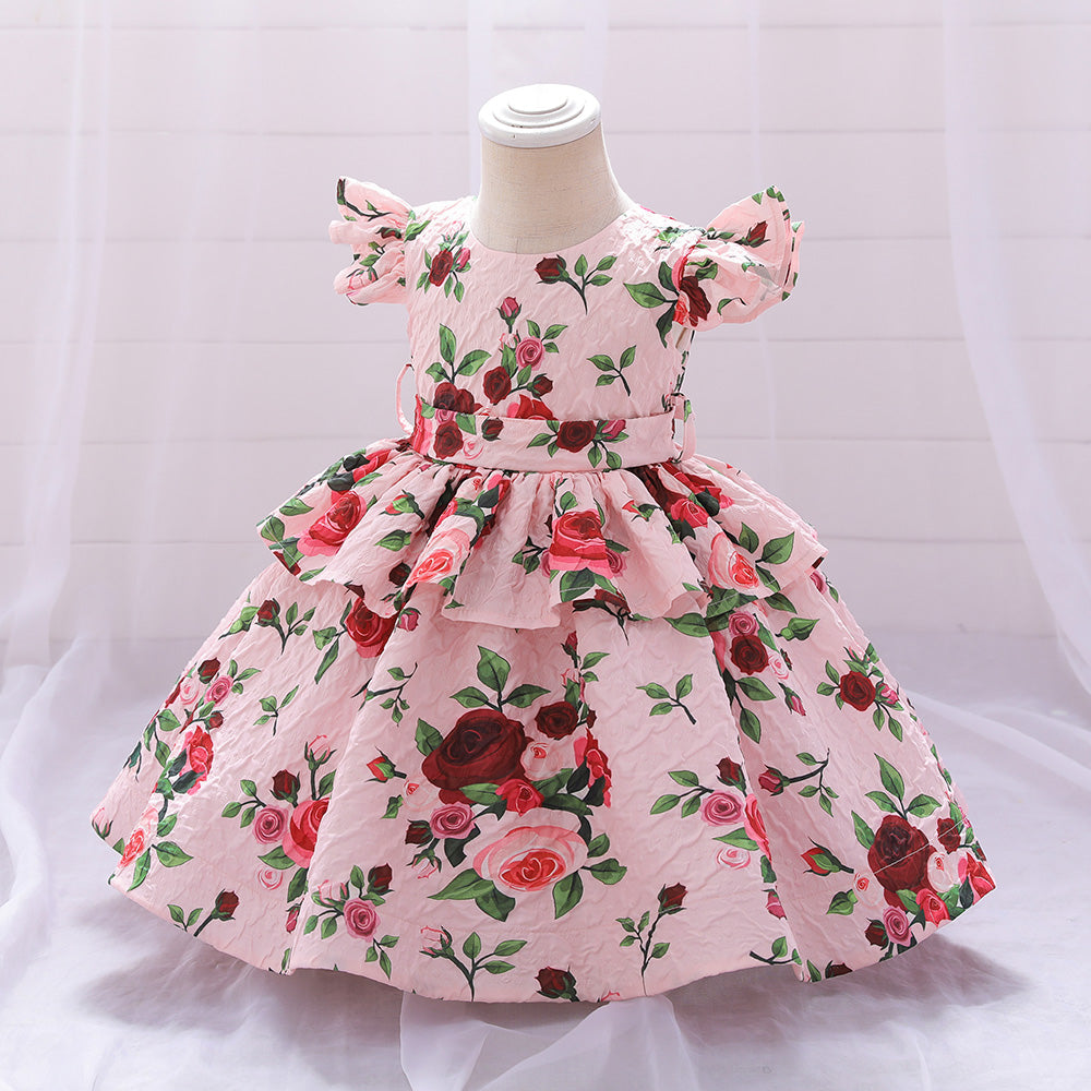 Girls Pink Floral Printed Layered Fit & Flare Midi Dress