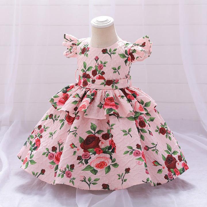 Girls Pink Floral Printed Layered Fit & Flare Midi Dress