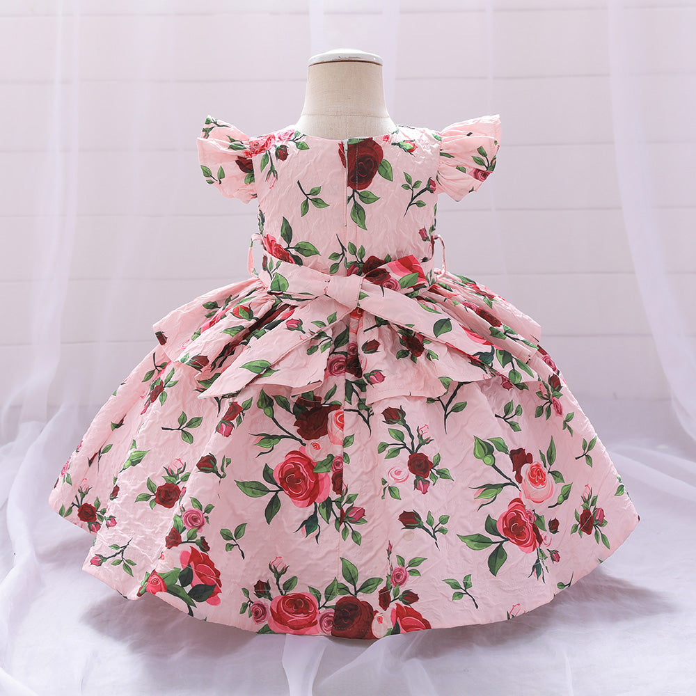 Girls Pink Floral Printed Layered Fit & Flare Midi Dress