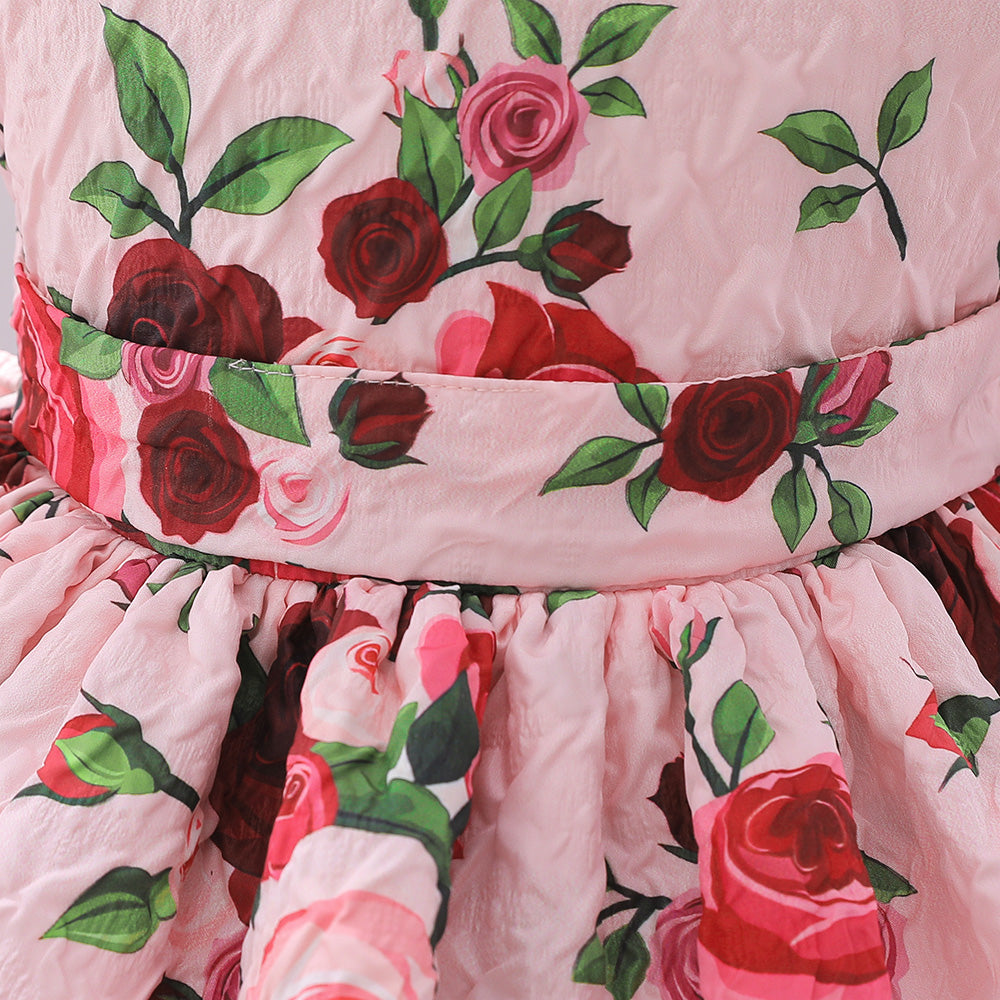 Girls Pink Floral Printed Layered Fit & Flare Midi Dress