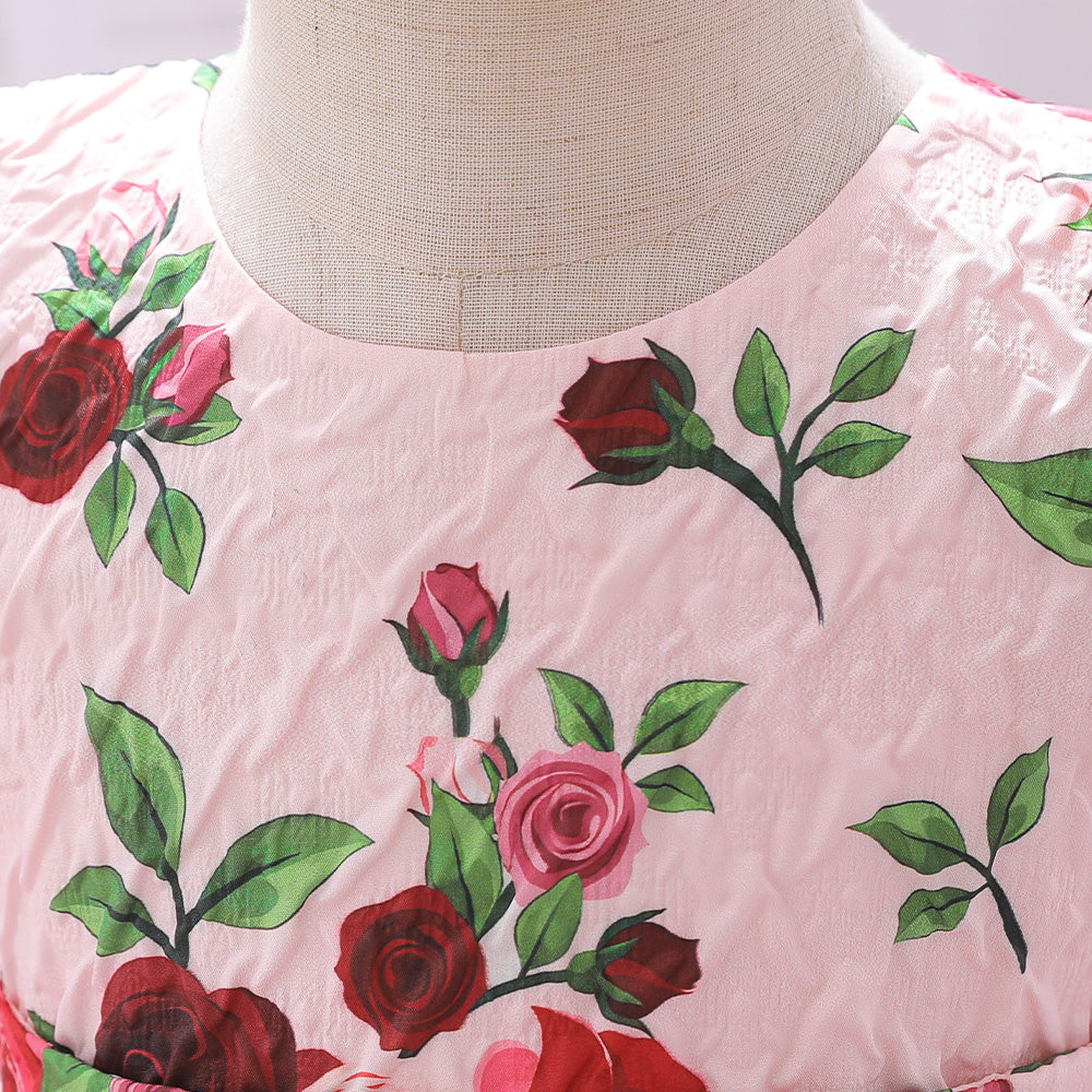 Girls Pink Floral Printed Layered Fit & Flare Midi Dress