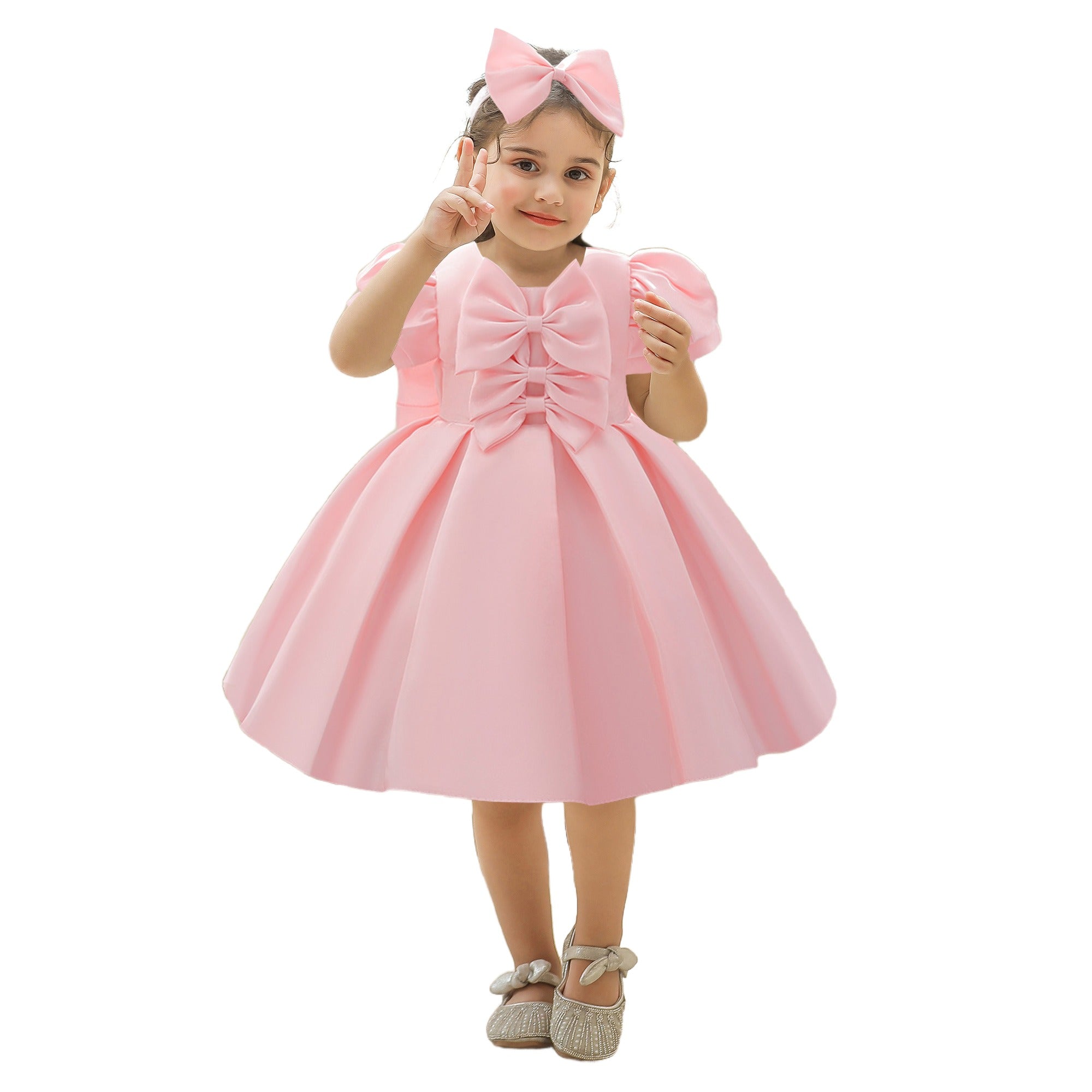 Girls Pink Puff Sleeves Pleated Bow Balloon Dress