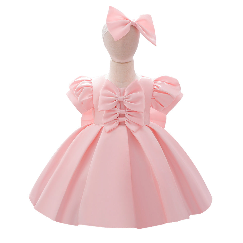 Girls Pink Puff Sleeves Pleated Bow Balloon Dress