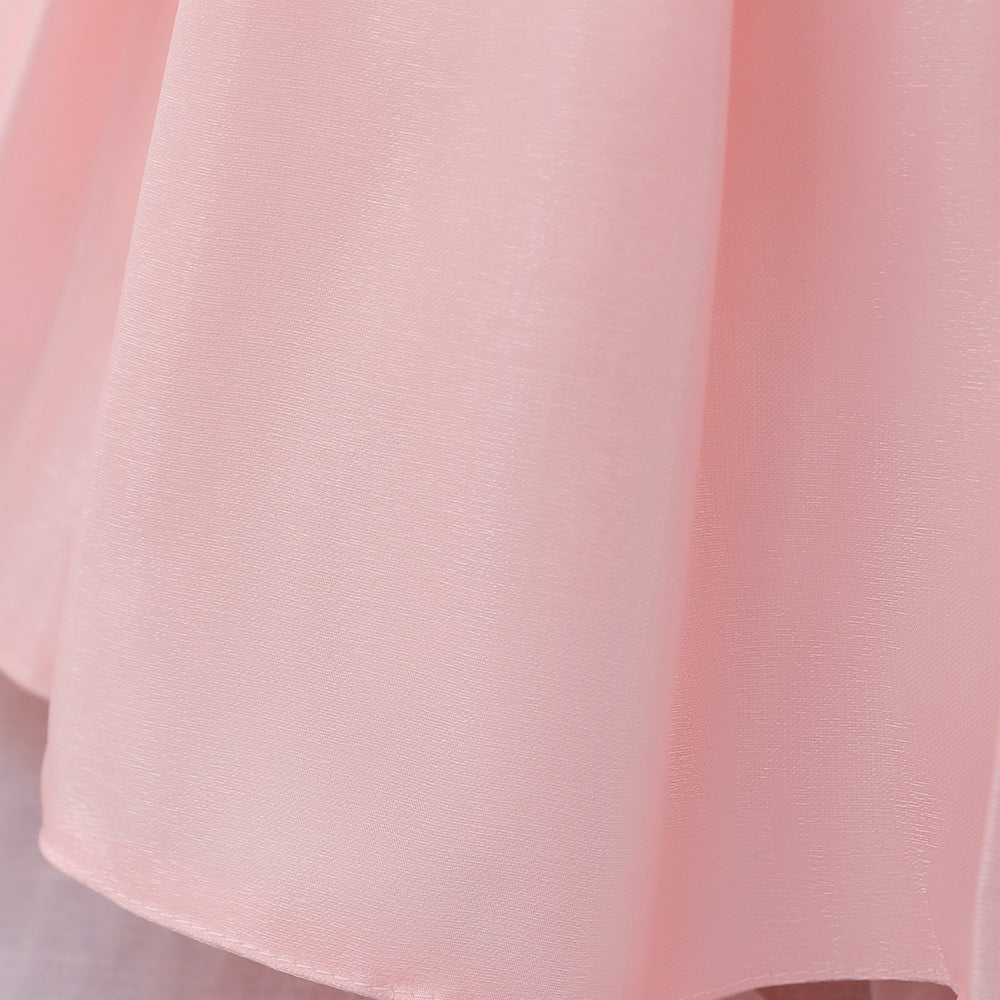 Girls Pink Puff Sleeves Pleated Bow Balloon Dress