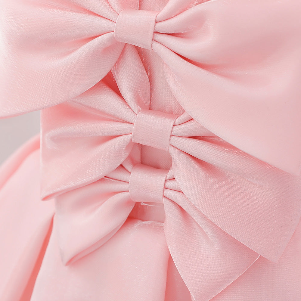 Girls Pink Puff Sleeves Pleated Bow Balloon Dress