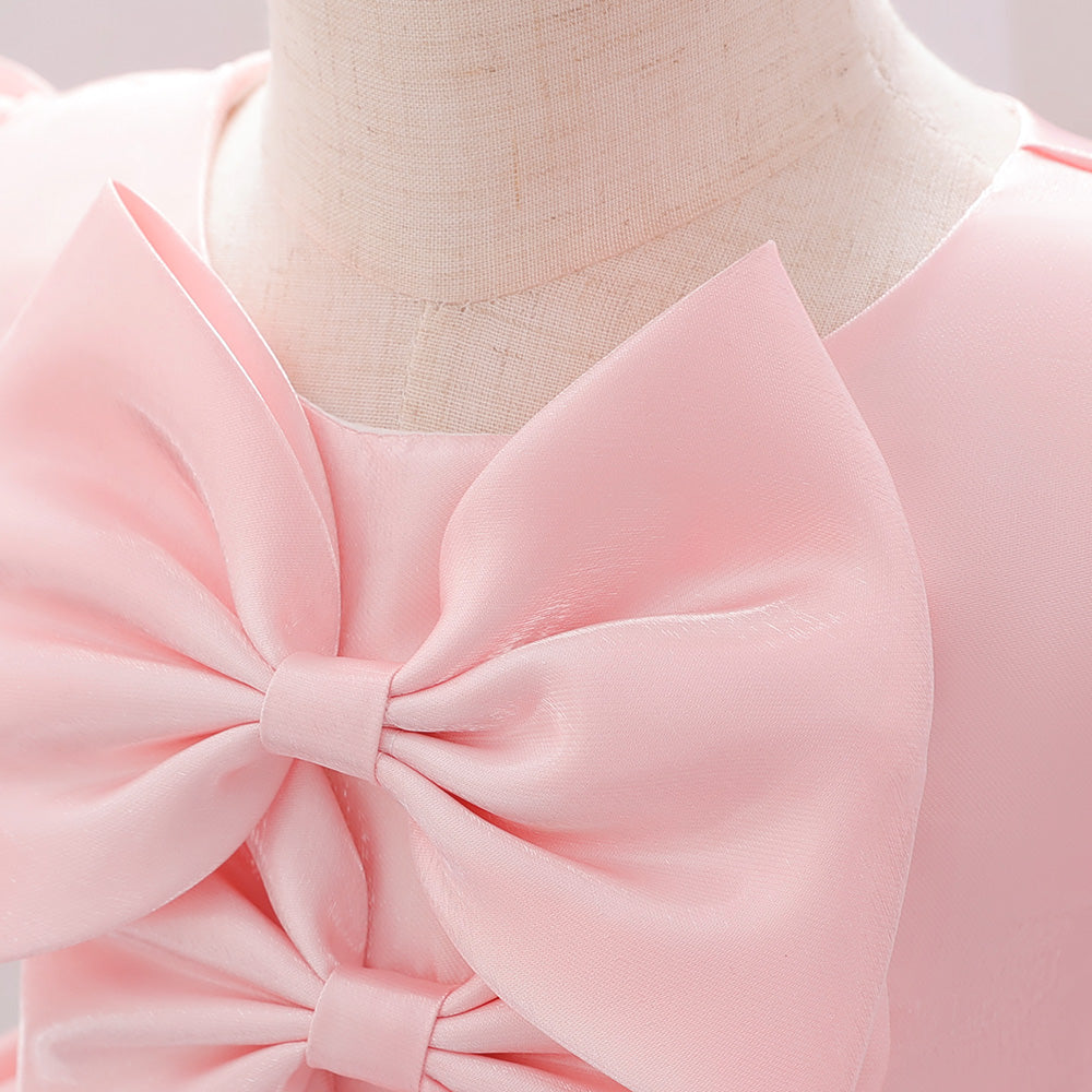 Girls Pink Puff Sleeves Pleated Bow Balloon Dress