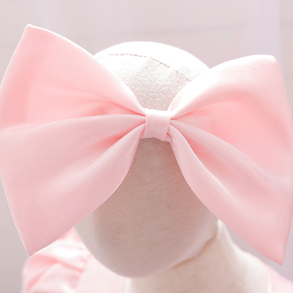 Girls Pink Puff Sleeves Pleated Bow Balloon Dress