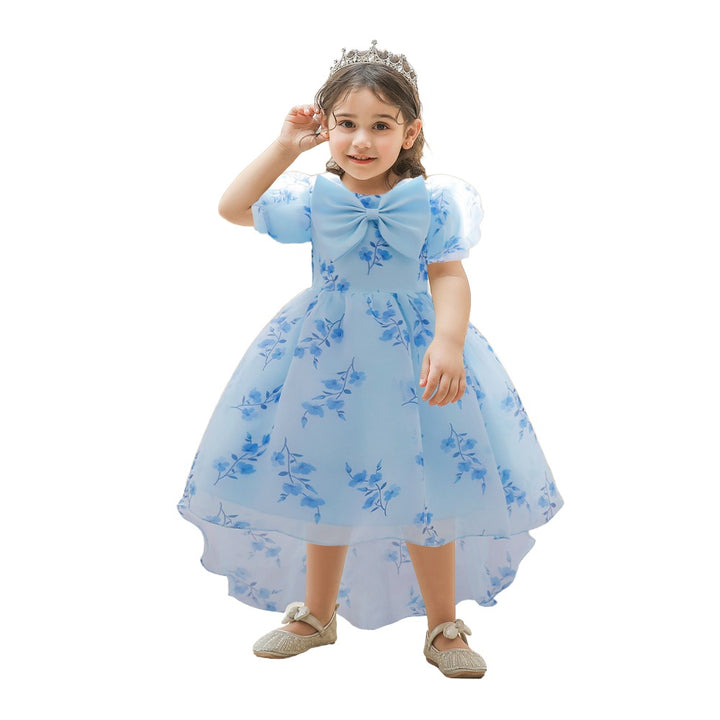 Blue Girls Floral Printed Puff Sleeves Bow Fit & Flare Midi Dress