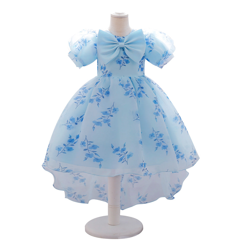 Blue Girls Floral Printed Puff Sleeves Bow Fit & Flare Midi Dress
