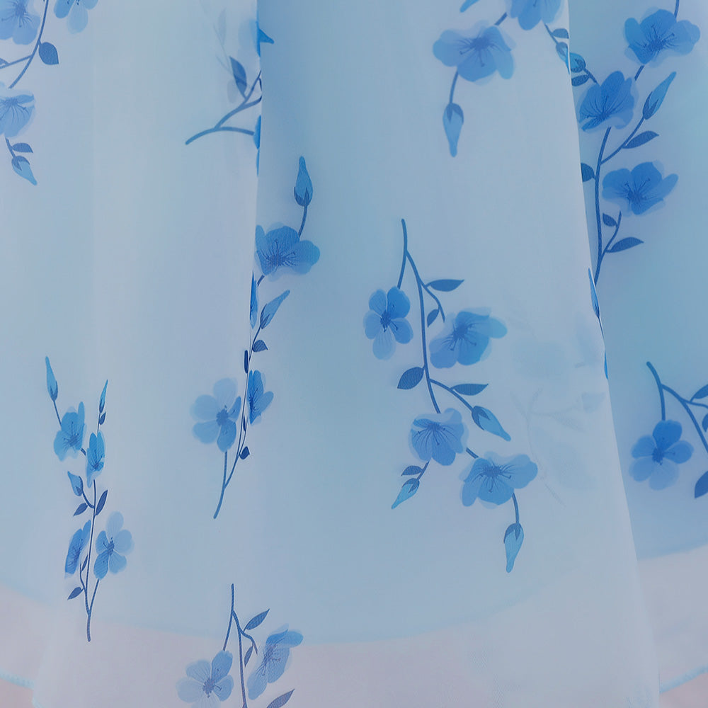 Blue Girls Floral Printed Puff Sleeves Bow Fit & Flare Midi Dress