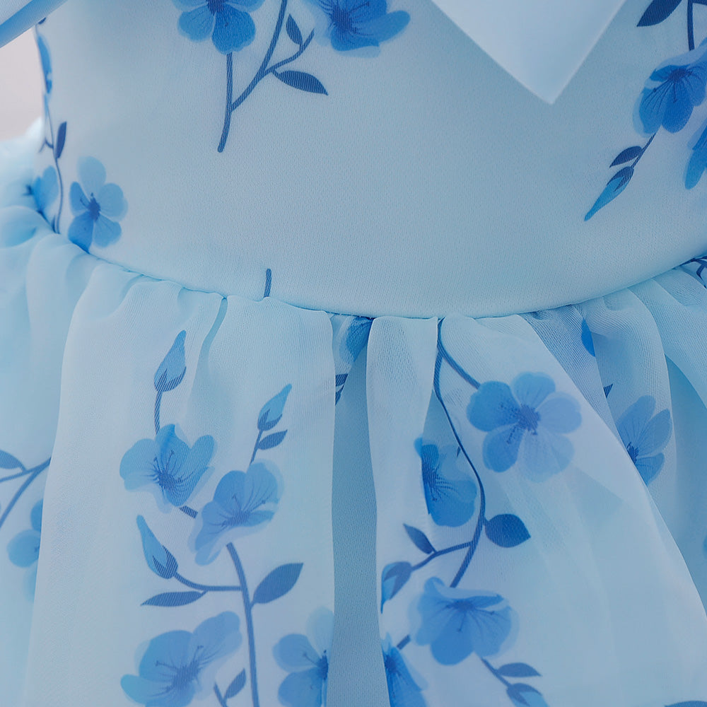 Blue Girls Floral Printed Puff Sleeves Bow Fit & Flare Midi Dress