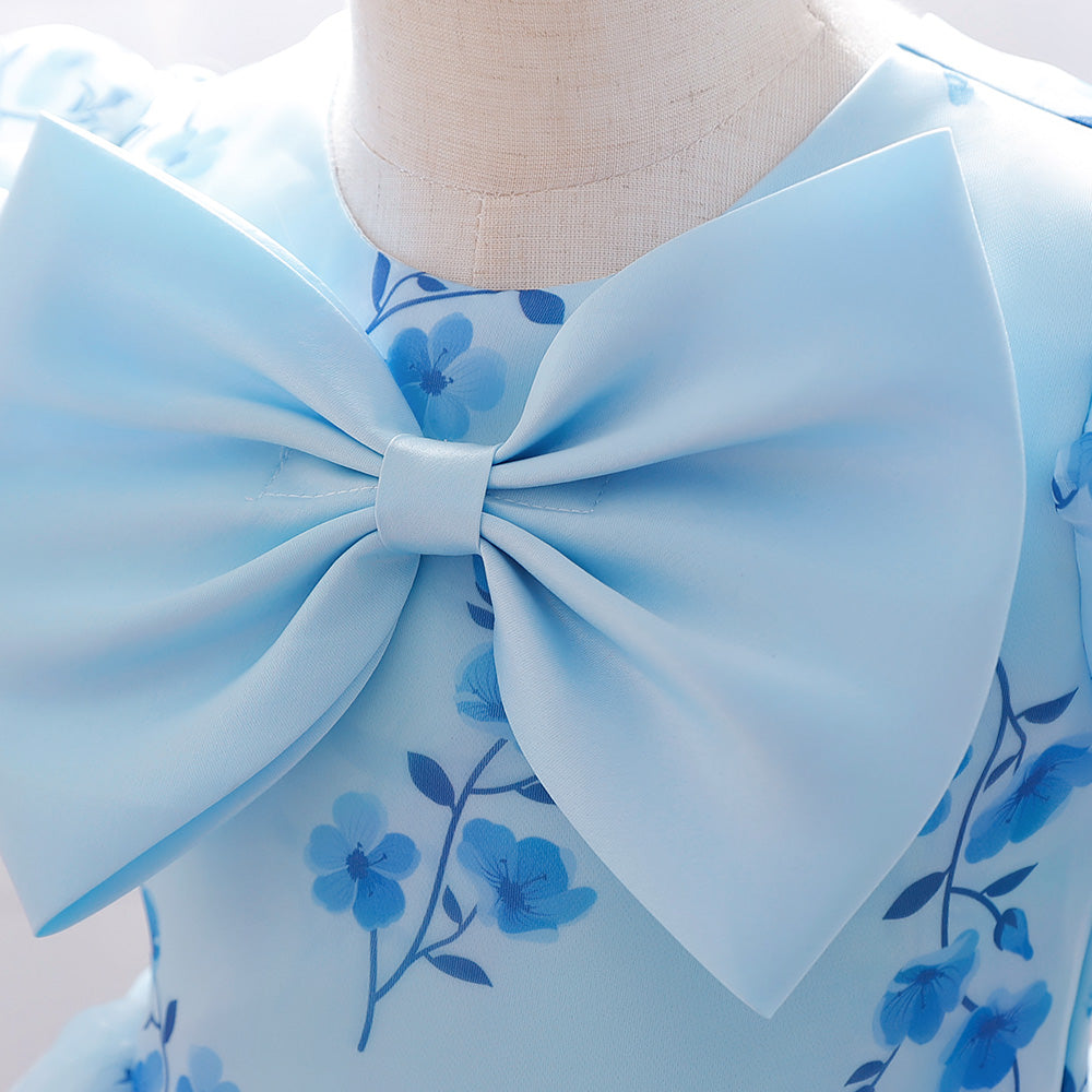 Blue Girls Floral Printed Puff Sleeves Bow Fit & Flare Midi Dress