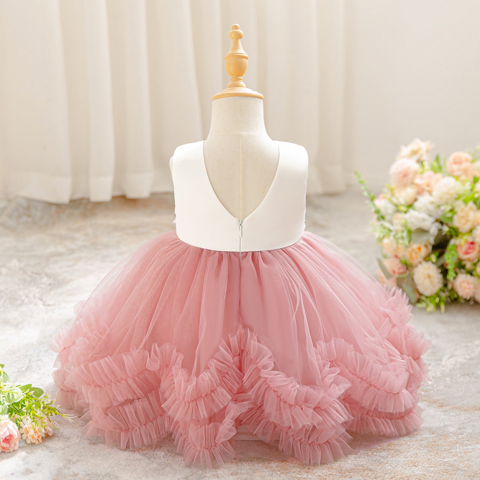 Girls Layered Net Fit and Flare Midi Dress