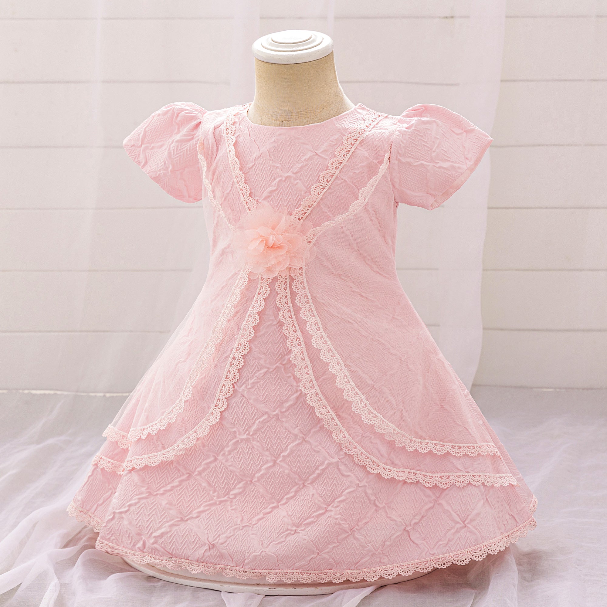 Girls Puff Sleeve Ruffled A-Line Dress