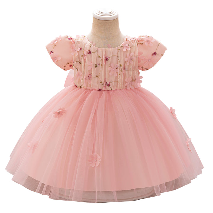 Girls Embroidered Puff Sleeve Fit and Flare Dress