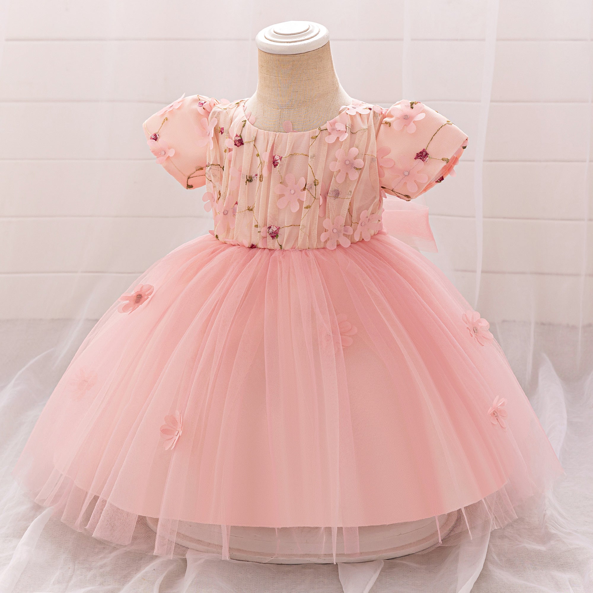 Girls Embroidered Puff Sleeve Fit and Flare Dress