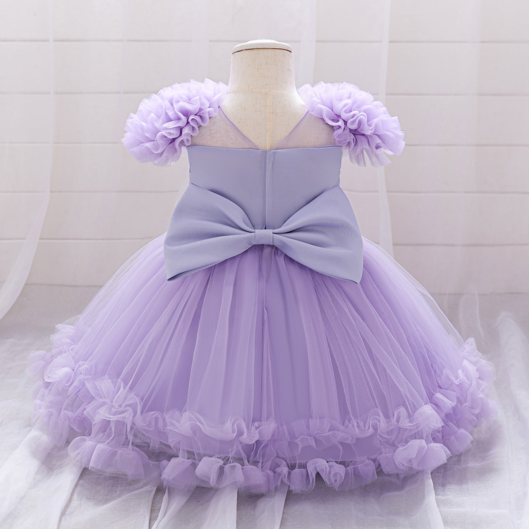 Flared Sleeve Ruffled Net Balloon Mini Dress