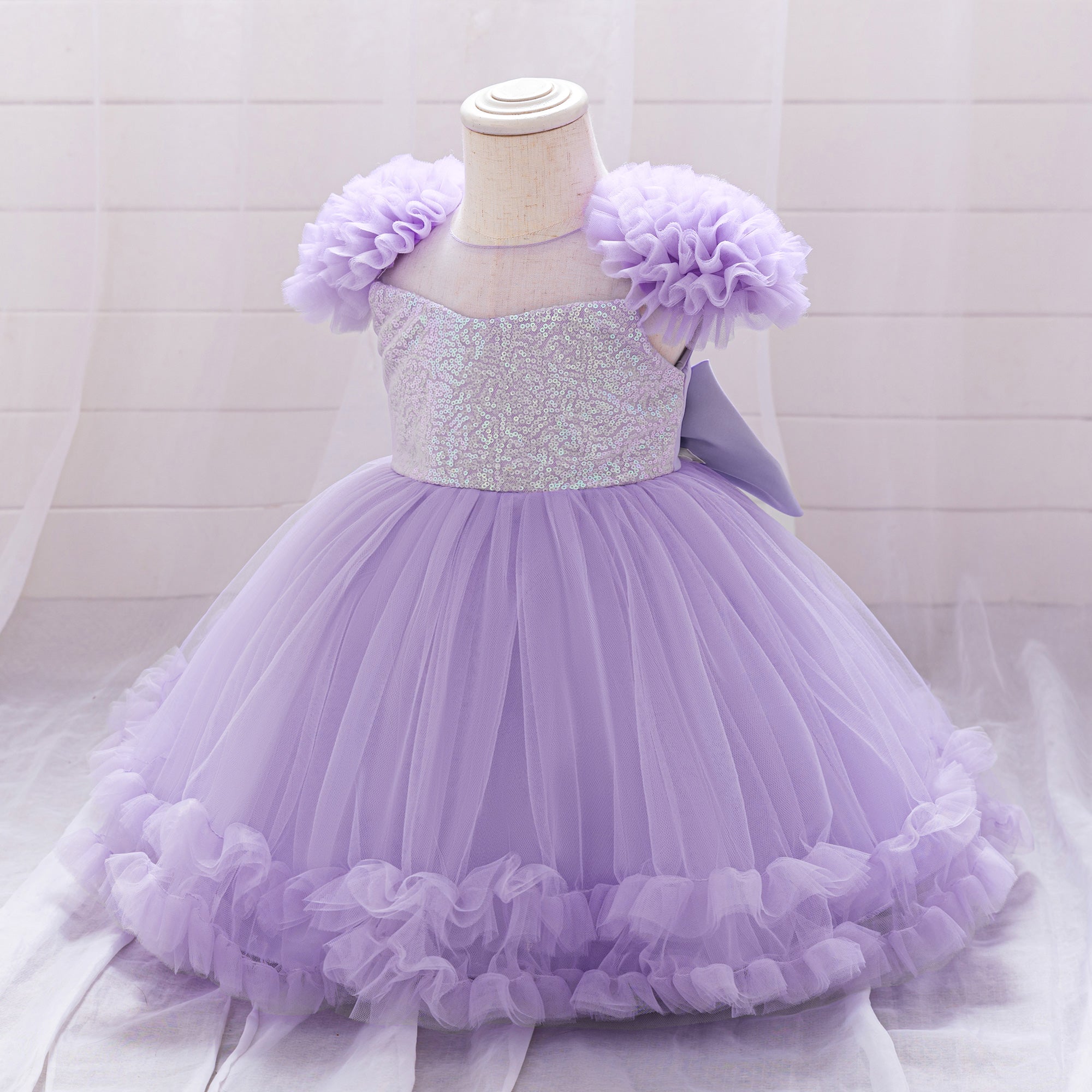 Flared Sleeve Ruffled Net Balloon Mini Dress