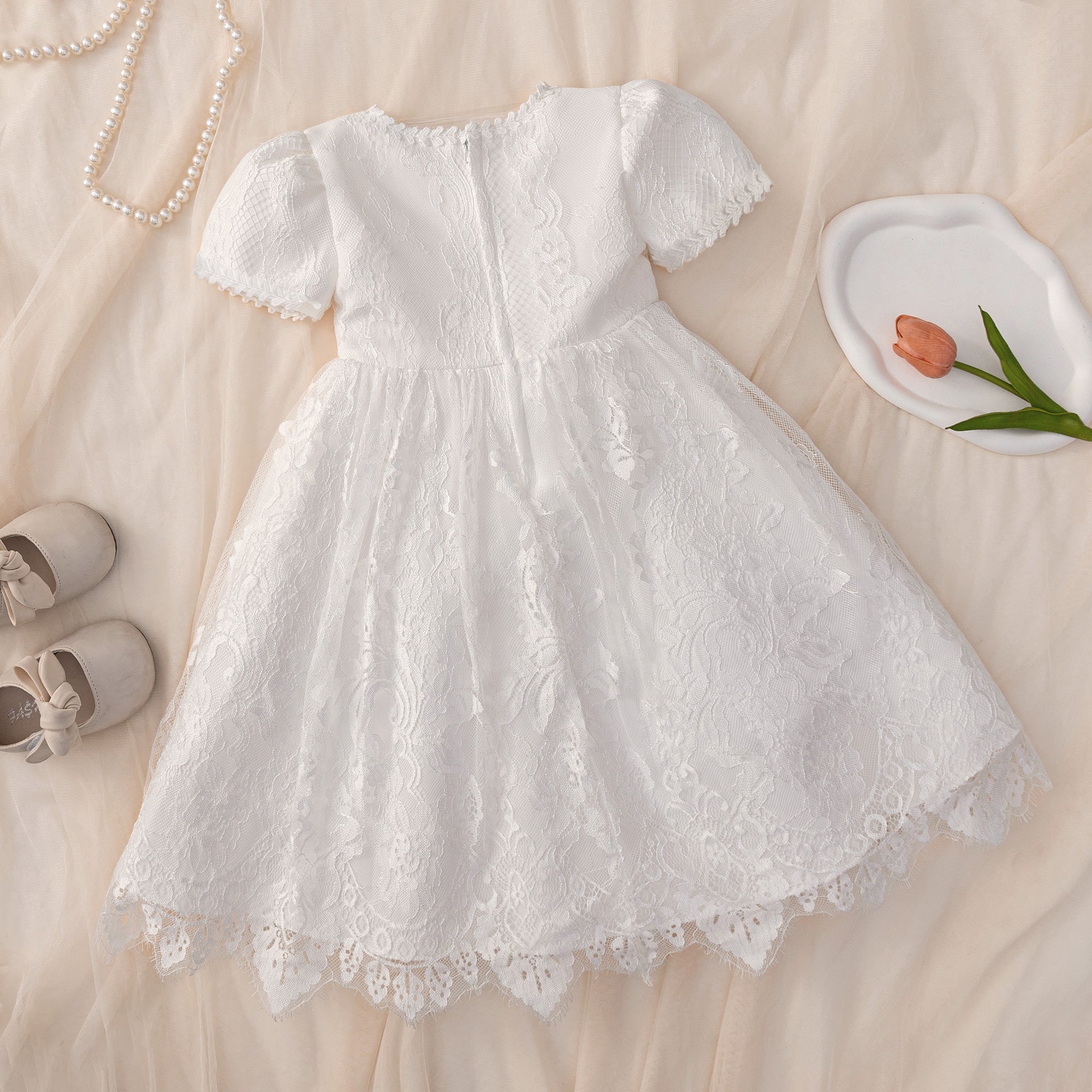 Girl Round Neck Puff Sleeves Net Fit and Flare Mini Dress