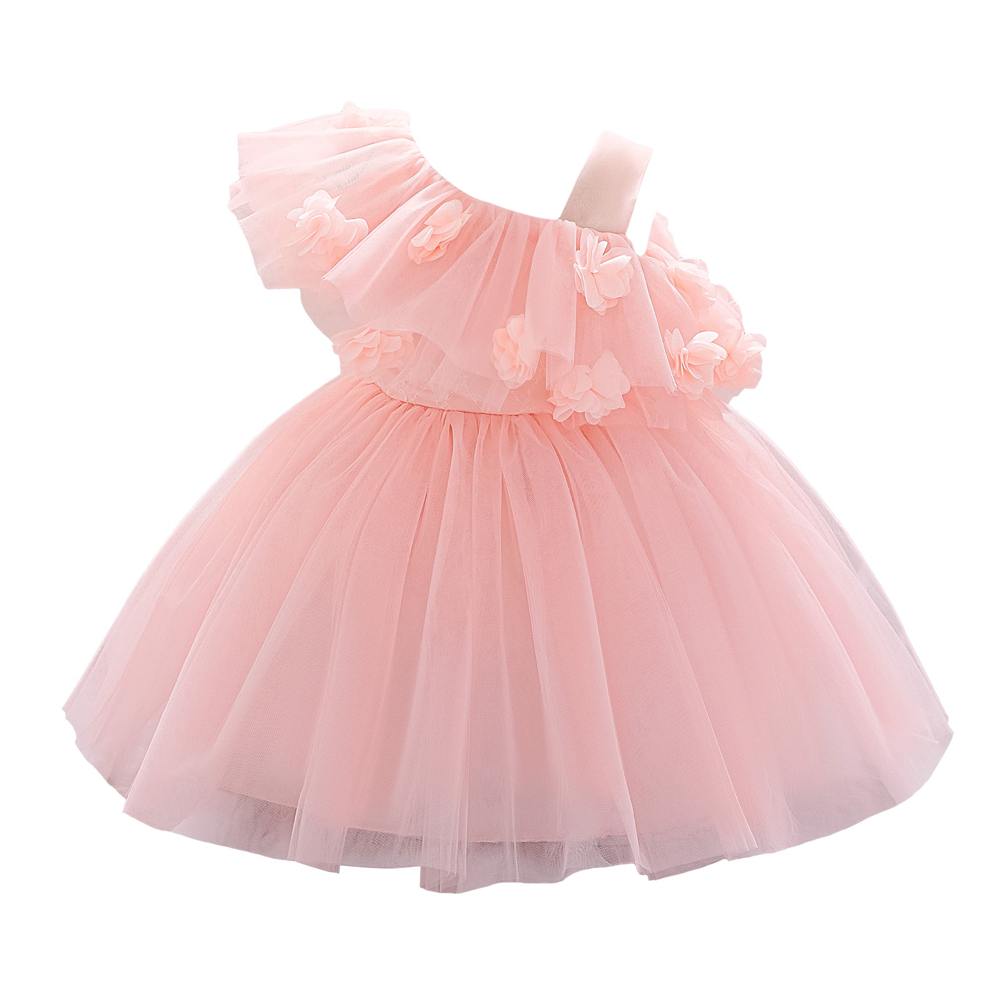 Girl Applique Asymmetric Neck Tulle Gown Midi Dress
