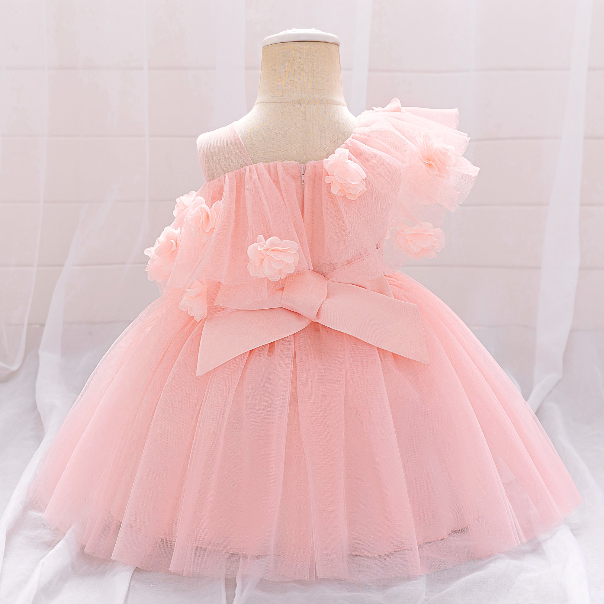 Girl Applique Asymmetric Neck Tulle Gown Midi Dress