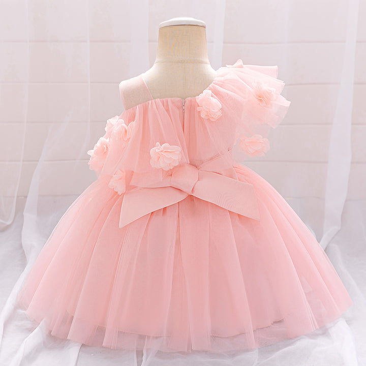 Girl Applique Asymmetric Neck Tulle Gown Midi Dress