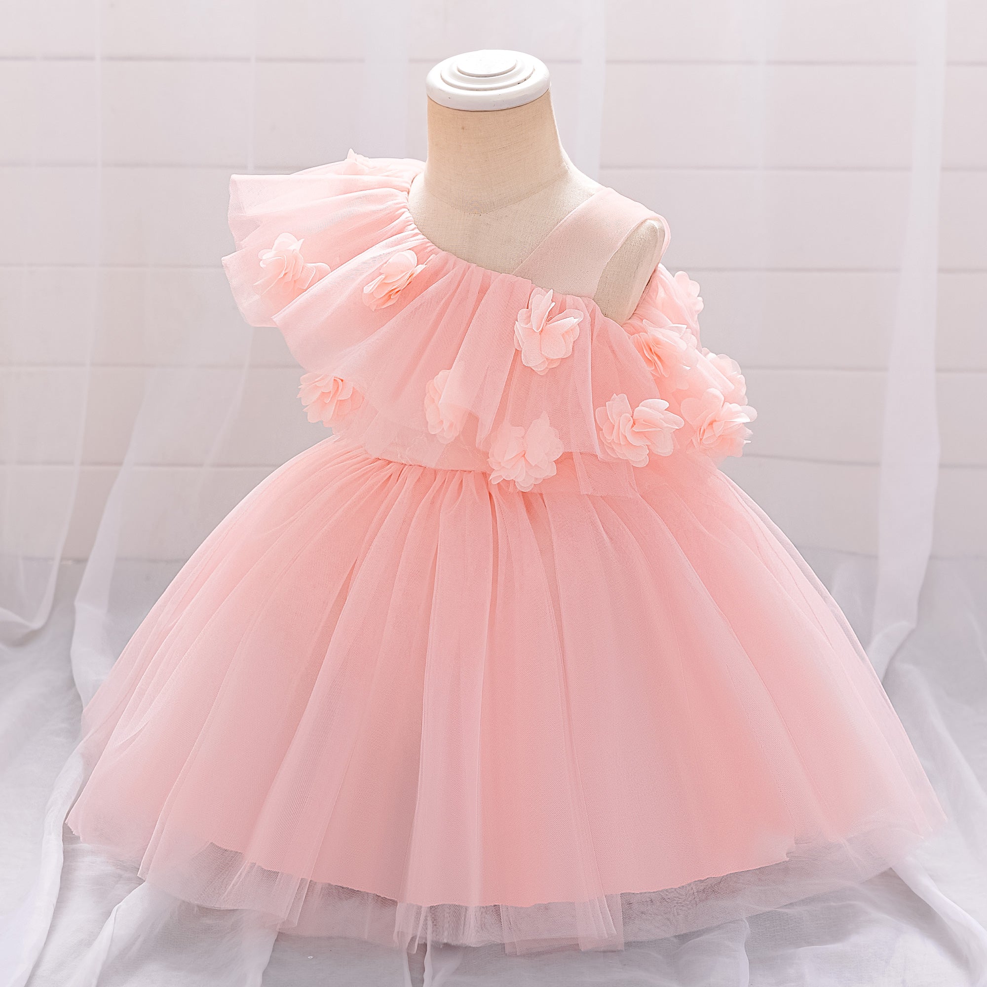 Girl Applique Asymmetric Neck Tulle Gown Midi Dress