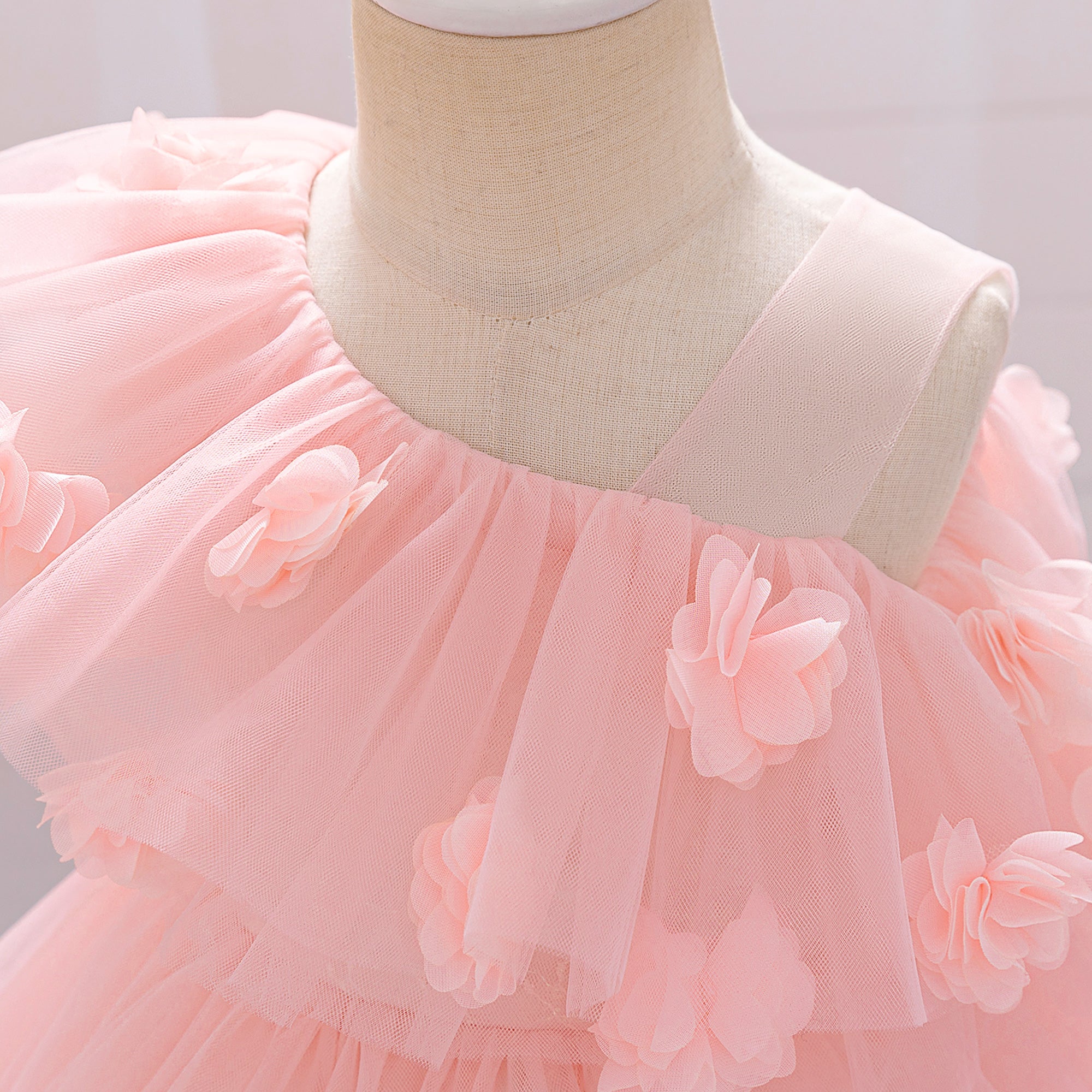 Girl Applique Asymmetric Neck Tulle Gown Midi Dress