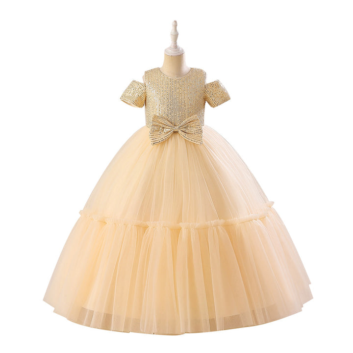 Champagne Girls Self Design Cold-Shoulder Sleeves Bow Detail Maxi Gown Dress