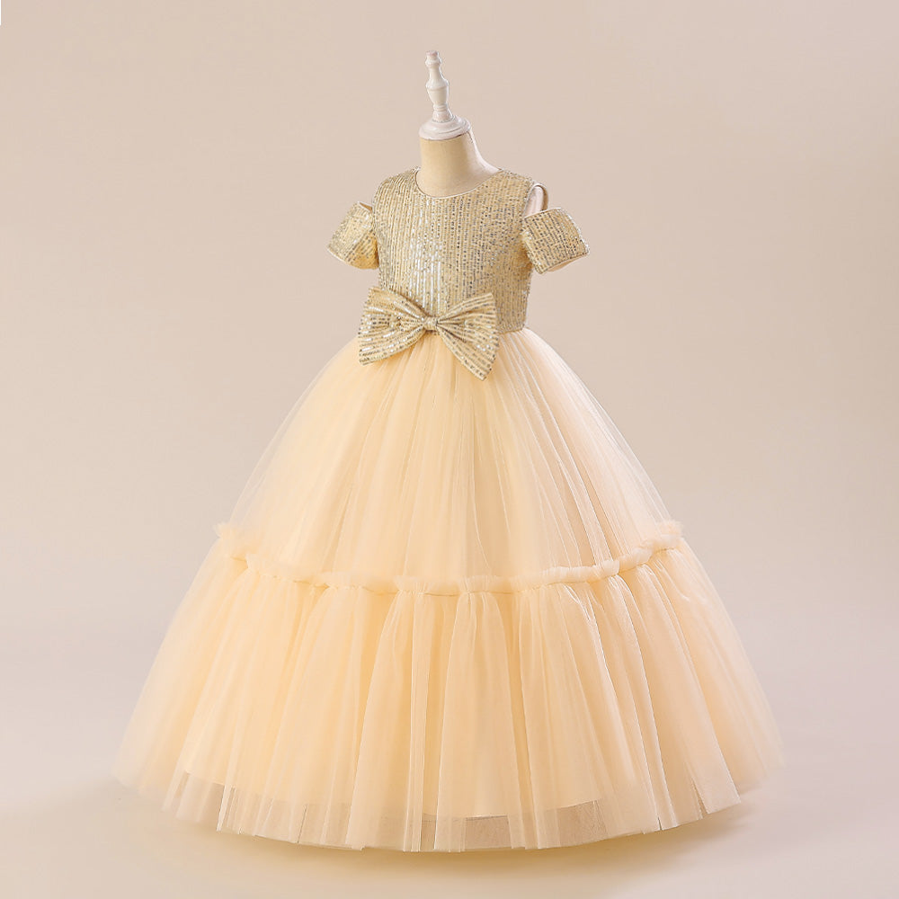 Champagne Girls Self Design Cold-Shoulder Sleeves Bow Detail Maxi Gown Dress