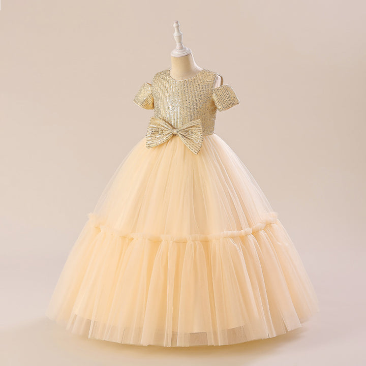 Champagne Girls Self Design Cold-Shoulder Sleeves Bow Detail Maxi Gown Dress