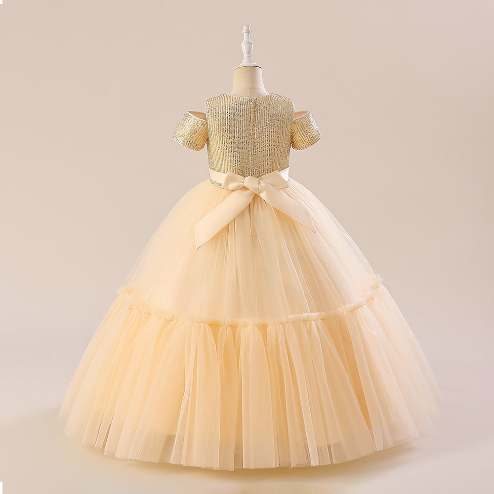 Champagne Girls Self Design Cold-Shoulder Sleeves Bow Detail Maxi Gown Dress