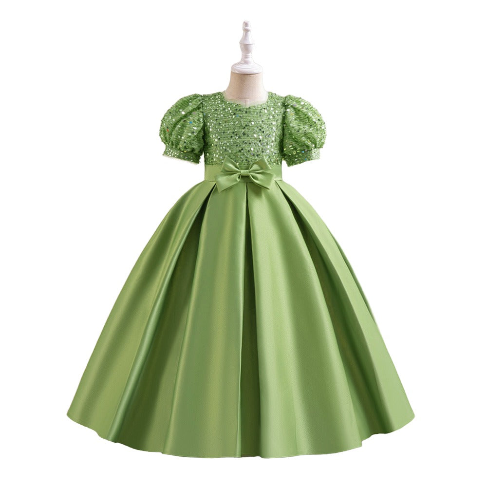 Girls Sequined Puff Sleeve Gown Maxi Dress